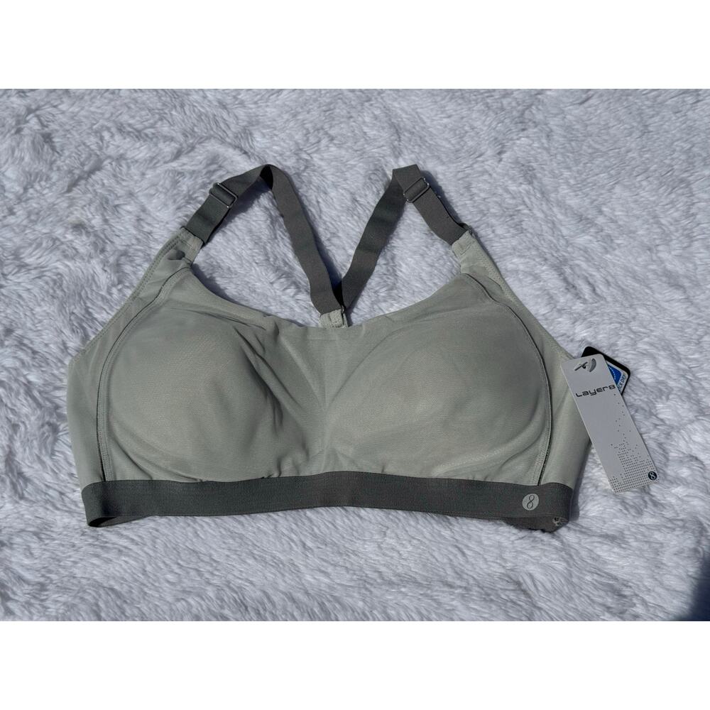 Layer8 Women’s medium support sports bra gray sz Lg cross back wireless